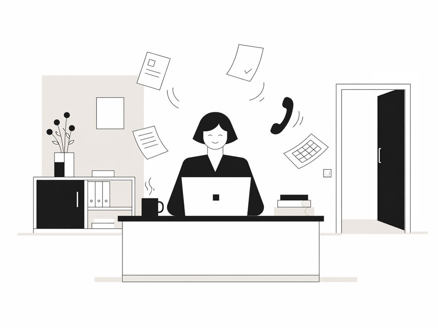 Deppe Tore Karriere Stellenangebot, Illustration weibliche Person sitzt fröhlich am Schreibtisch, Dokumente und Telefonhörer schweben in der Luft, ein heißer Kaffee steht auf dem Schreibtisch